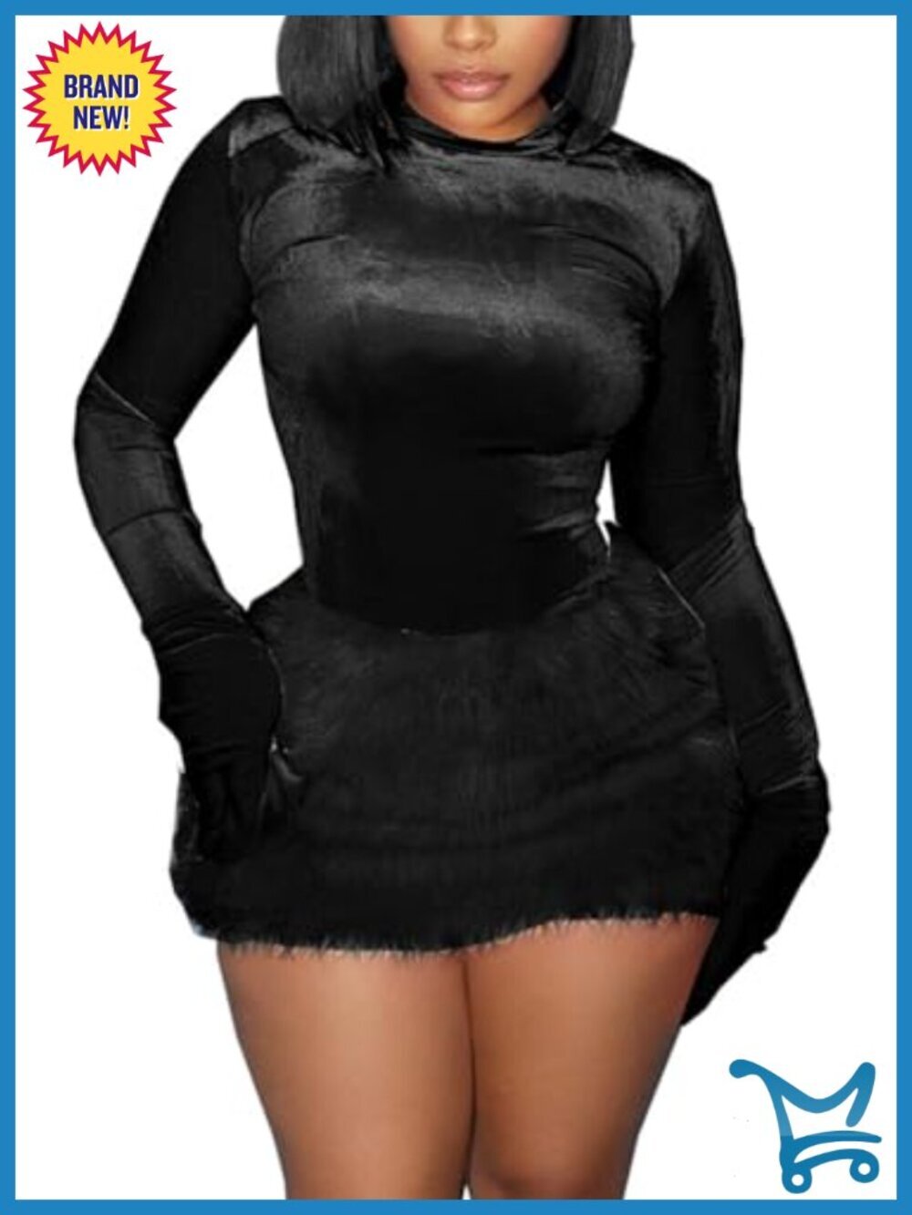 Velvet Top and Faux Fur Mini Skirt Set 2 Piece Outfit Long Sleeve
